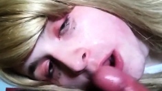 young blonde sissy crossdresser swallows huge load