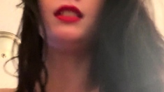 Amateur busty brunette masturbates and does hand job