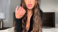 Sexy Brunette Babe Spreads Legs And Masturbates Shaven Twat