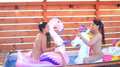 Pale blonde and tanned brunette lesbians toying and licking