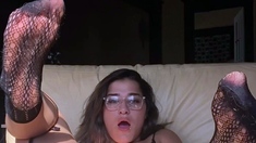 Mature brunette Tina toys in stockings