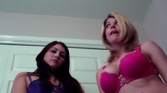 Two blondes and a brunette lesbian sex on the couch